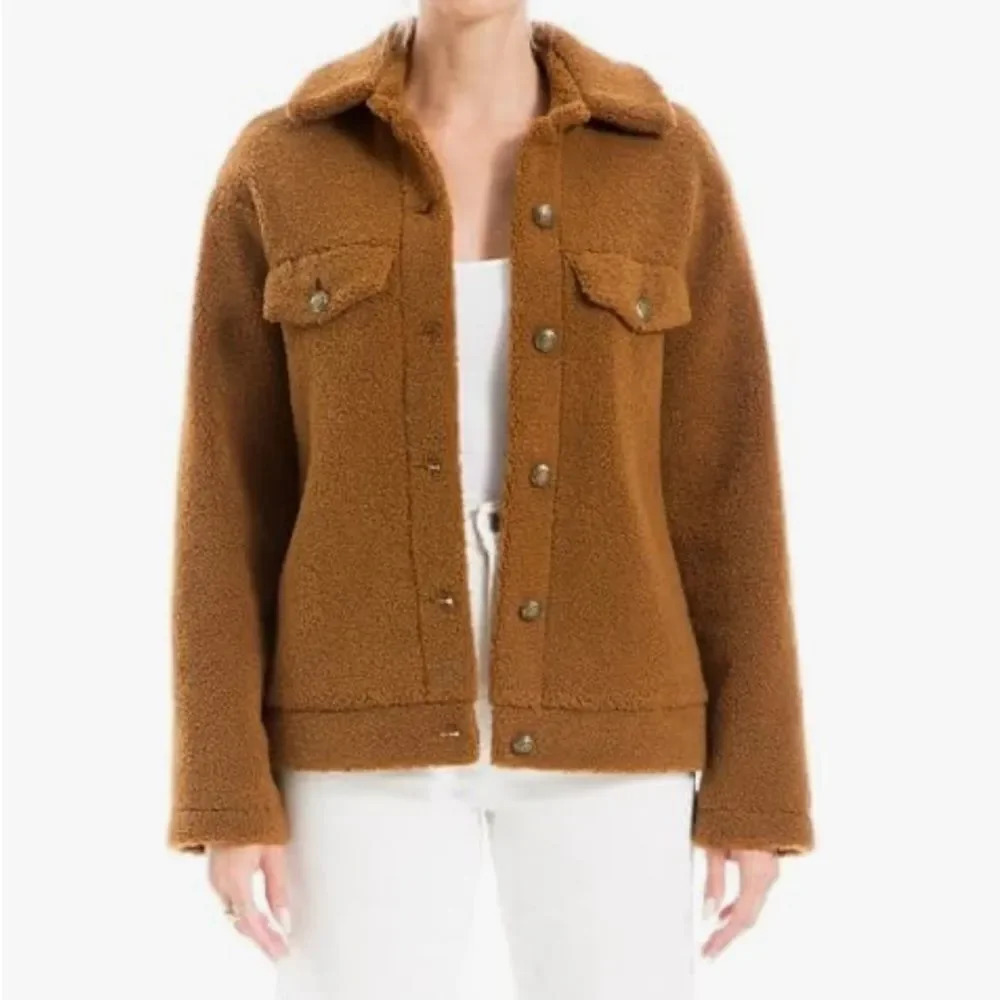 Max Studio caramel teddy faux fleece button front spread collar jacket. NWT. Sm